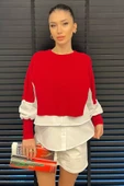 Kırmızı Şık Gömlek Garnili Triko Kadın Bluz - 2