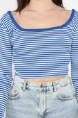 Saksmavisi Kadın Kare Yaka Çizgili Kaşkorse Crop Body Bluz - 9