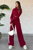 Bordo Kadın Yarım Balıkçı Örgü Crop Kazak Pantolon Triko Alt-üst Takım - 1