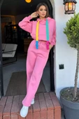 Pembe Kadın Bel Bağcıklı Üç İplik Şardonlu Bol Paça Palazzo Alt Eşofman - 1