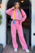 Pembe Kadın Bel Bağcıklı Üç İplik Şardonlu Bol Paça Palazzo Alt Eşofman - 2