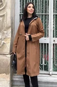 Camel Kadın Kapüşonlu Bel Lastikli Uzun Trençkot - 6
