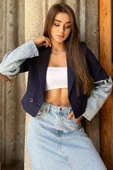 Lacivert Kot Garnili Kadın Kısa Blazer Ceket - 2