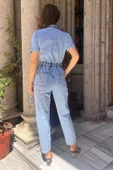 Mavi Polo Yaka Çift Cepli Kadın Jean Kot Tulum Salopet - 4