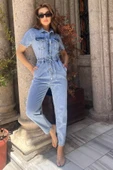 Mavi Polo Yaka Çift Cepli Kadın Jean Kot Tulum Salopet - 1