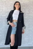 Siyahbej Kadın Kapüşonlu Bel Lastikli Uzun Trençkot - 9