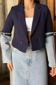 Lacivert Kot Garnili Kadın Kısa Blazer Ceket - 3