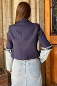 Lacivert Kot Garnili Kadın Kısa Blazer Ceket - 4