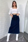 Lacivert Püsküllü Jean Kot Etek - 1