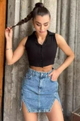 Siyah Yakalı Düğmeli Crop Top Yelek - 2