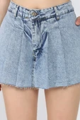 Mavi Yüksek Bel Pileli Jean Kot Şort Etek - 4