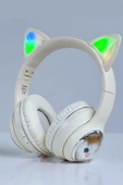 HD11 Beyaz Sevimli Kedi Karükatür Kulak Led Işıklı 5.3 Bluetooth Kulak Üstü Kulaklık - 2