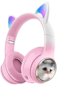 Kız Çocuk Pembe Renk Kedi Kulaklıklı Kulak Üstü Kulaklık Renkli Işıklı Kablosuz Kulaklık thumbnail 1