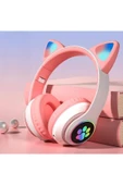 Bluetooth Kablosuz Renkli LED Işıklı Kedili Katlanabilir Sd Kartlı Çocuk Kafa ve Kulak Üstü Kulaklık thumbnail 1