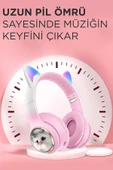 HD11 Pembe Sevimli Kedi Karükatür Kulak Led Işıklı 5.3 Bluetooth Kulak Üstü Kulaklık thumbnail 2