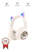 HD11 Beyaz Sevimli Kedi Karükatür Kulak Led Işıklı 5.3 Bluetooth Kulak Üstü Kulaklık - 1