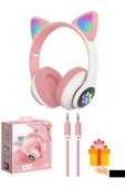 Vilya Kedi Kulağı Detaylı Bluetooth Kablosuz Kulaklık Çocuk Oyuncu Beyaz Pembe - 2