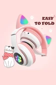 Kablosuz Işıklı Kedi Kulaklık Tatlı Kız Çocuk Pembe Kulaklık Cat Rgb Işıklı Oyuncu - 4