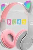Gri Renk Vilya Kedi Kulağı Detaylı Uyumlu Bluetooth Kablosuz Kulaklık Çocuk Oyuncu Aux Kablo - 1