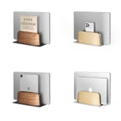Ahşap Laptop Standı Dikey Çift Yuvalı MacBook iPad Telefon Uyumlu Masaüstü Organizer Kaymaz Taban thumbnail 3