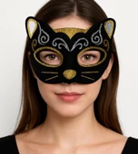 Kadife Dokulu Sim Detaylı Işıltılı Kedi Maskesi Altın Gümüş 20x13 Cm - 1