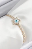 Pirinç Zirkon Taşlı Nazar Yıldız Model Gold Renk Asansörlü Kadın Bileklik - 1