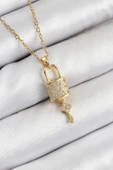 316L Çelik Zirkon Taşlı Kilit Ve Sallantılı Anahtar Model Gold Renk Kadın Kolye - 1
