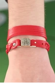 Metal Aksesuarlı Kırmızı Renk Deri Erkek Bileklik Kombin thumbnail 3