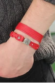 Metal Aksesuarlı Kırmızı Renk Deri Erkek Bileklik Kombin thumbnail 2
