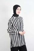 Tesettür Kadın Gömlek Çizgili Yaka Taşlı Modal Gömlek Siyah - 3