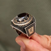 Siyah Taşlı Harfli 925 Gümüş Yüzük Erkek thumbnail 1