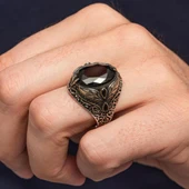 Oval Siyah Taşlı Yaprak Model 925 Erkek Gümüş Yüzük thumbnail 5