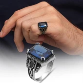 Lacivert Taşlı 925 Gümüş Serçe Parmak Erkek Yüzük thumbnail 1