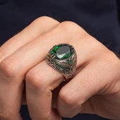 Oval Yeşil Taşlı Yaprak Model 925 Erkek Gümüş Yüzük thumbnail 3