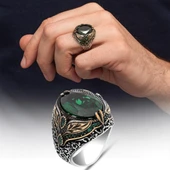 Oval Yeşil Taşlı Yaprak Model 925 Erkek Gümüş Yüzük thumbnail 1