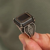 Kare Siyah Onix Taşlı 925 Gümüş Yüzük Erkek thumbnail 3