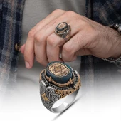 Mührü Süleyman İşeme Mavi Taşlı 925 Gümüş Erkek Yüzük thumbnail 1