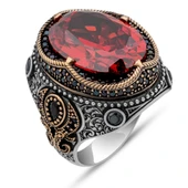 Oval Kırmızı Zirkon Taşlı 925 Erkek Gümüş Yüzük thumbnail 2