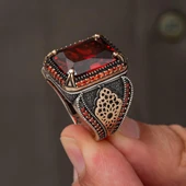 Kırmızı Zirkon Taşlı 925 Gümüş Yüzük Erkek thumbnail 4