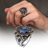 Kılıç Motif Lacivert Taşlı 925 Ayar Erkek Gümüş Yüzük thumbnail 1