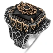 Siyah Taşlı Çiçek Motifli 925 Gümüş Yüzük Erkek thumbnail 2