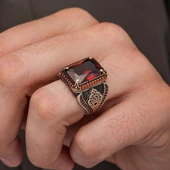 Kırmızı Zirkon Taşlı 925 Gümüş Yüzük Erkek thumbnail 3