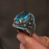 Oval Aqua Mavi Taşlı 925 Gümüş Yüzük Erkek thumbnail 2