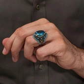 Oval Aqua Mavi Taşlı 925 Gümüş Yüzük Erkek thumbnail 4