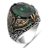 Oval Yeşil Taşlı Yaprak Model 925 Erkek Gümüş Yüzük thumbnail 2