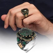 Yeşil Taşlı Harfli 925 Erkek Gümüş Yüzük thumbnail 1