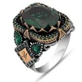 Yeşil Taşlı Harfli 925 Erkek Gümüş Yüzük thumbnail 2