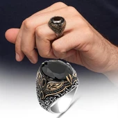 Oval Siyah Taşlı Yaprak Model 925 Erkek Gümüş Yüzük thumbnail 1