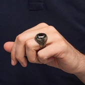Oval Siyah Taşlı Yaprak Model 925 Erkek Gümüş Yüzük thumbnail 6