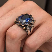 Kılıç Motif Lacivert Taşlı 925 Ayar Erkek Gümüş Yüzük thumbnail 4